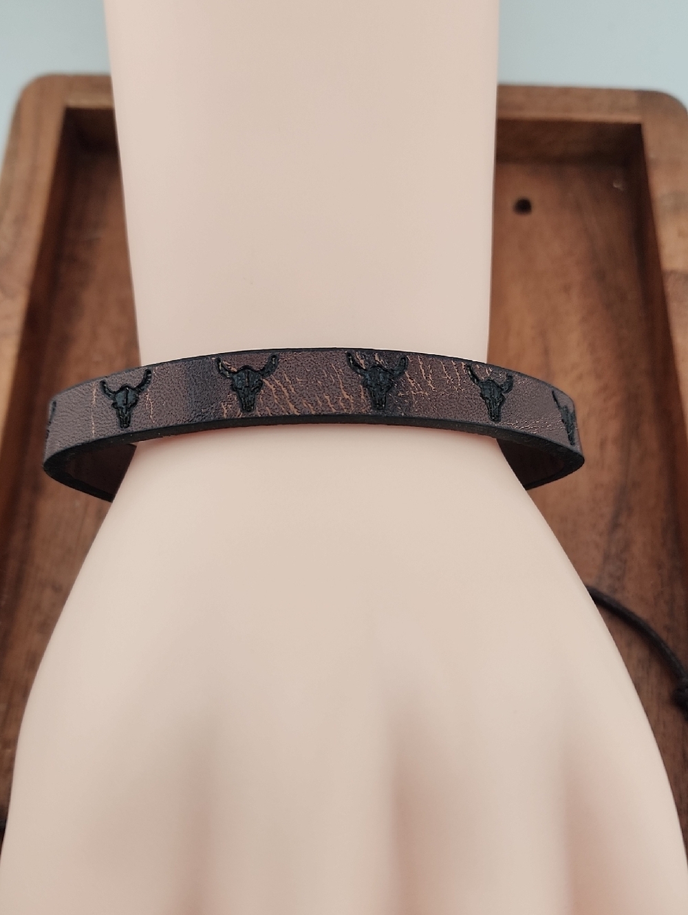 Men's Brown Leather Bull Skull Bracelet Adjustable